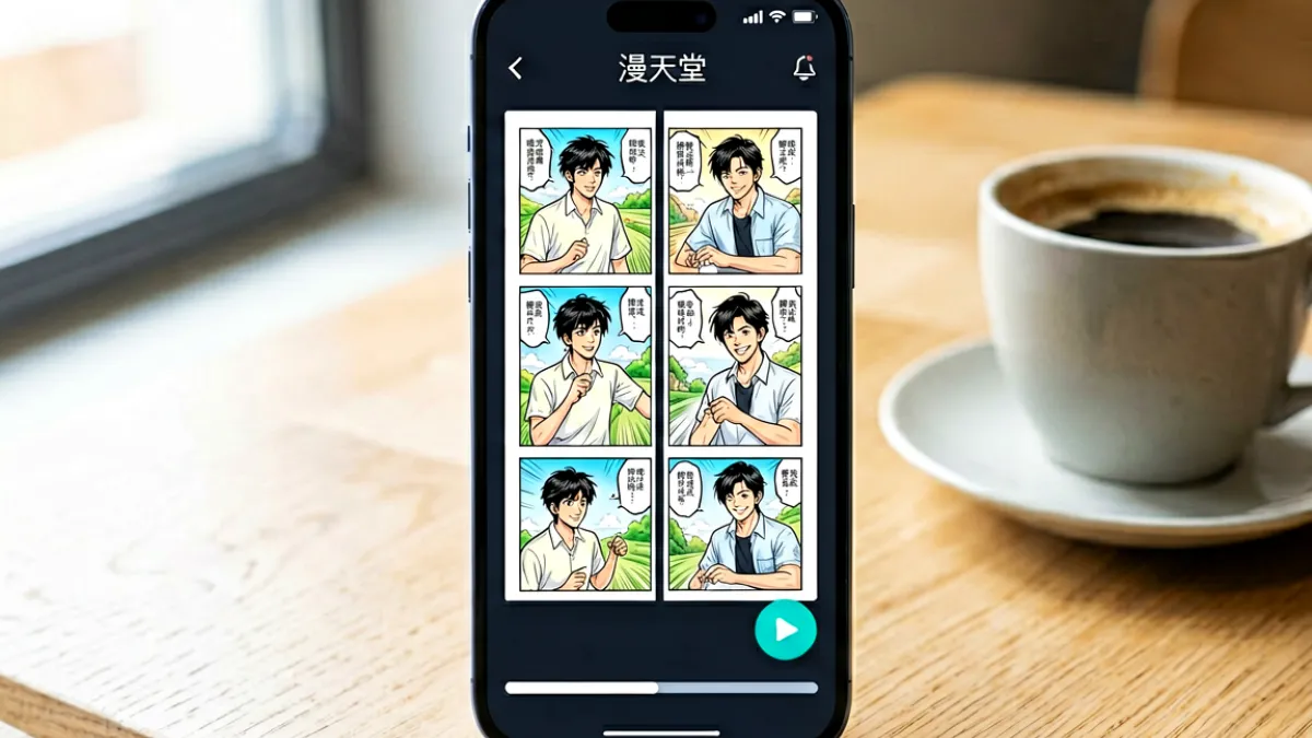 手機螢幕上展示進漫天堂漫畫閱讀介面，深色模式下角色分格畫面清晰，底部顯示閱讀進度條與清晰度切換按鈕