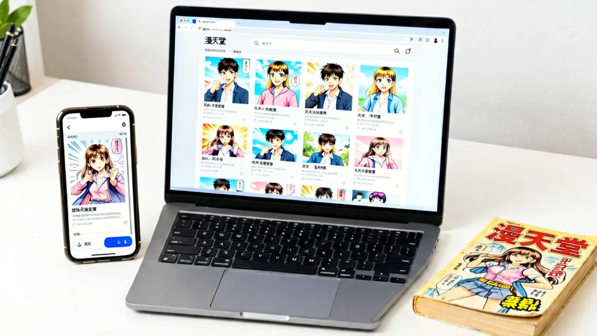 桌面與手機並排展示進漫天堂的多端同步介面，電腦螢幕顯示漫畫列表與搜尋功能，手機螢幕顯示同一部漫畫的閱讀進度與離線緩存頁面