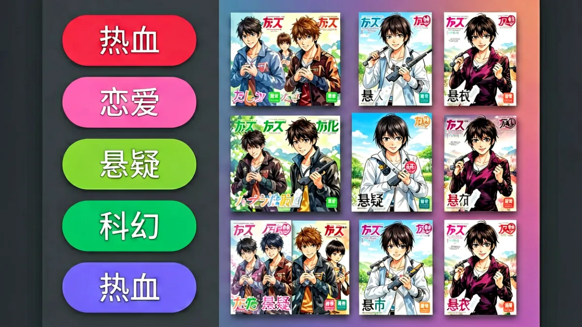 進漫天堂漫画分类界面，左侧列出热血恋爱悬疑等类型标签，右侧展示多本漫画封面拼贴成彩虹色块，整体风格现代简洁