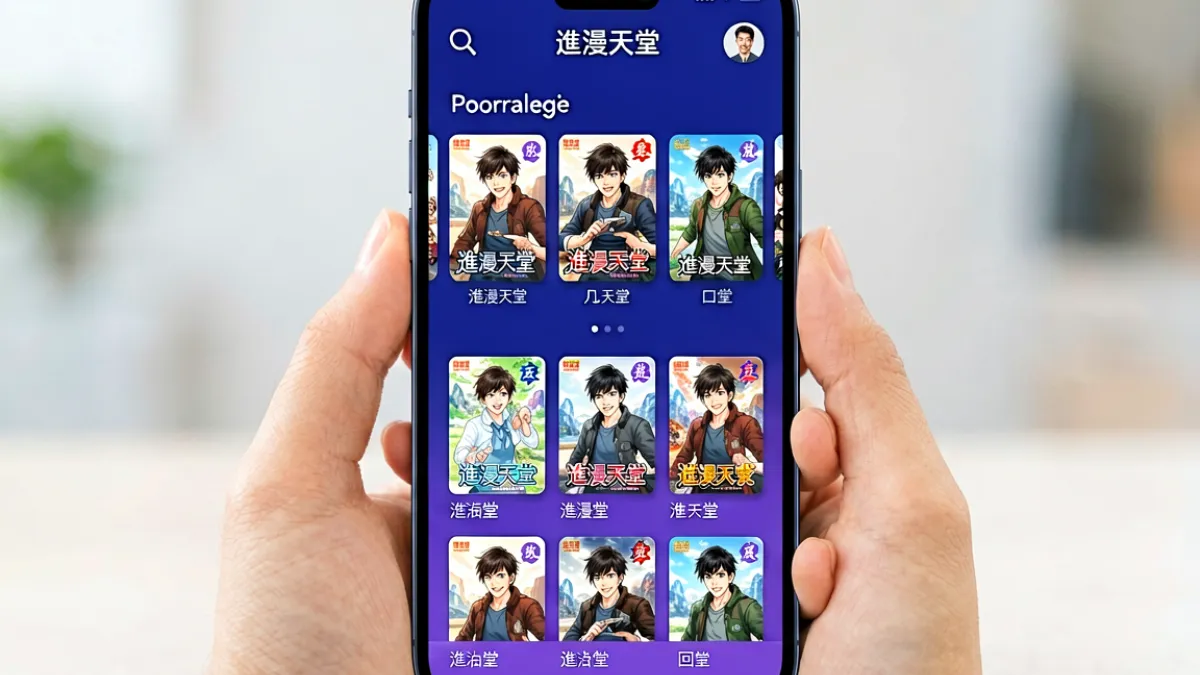 進漫天堂手机首页界面展示，屏幕中央显示推荐漫画封面和分类导航栏，顶部有搜索图标和用户中心入口