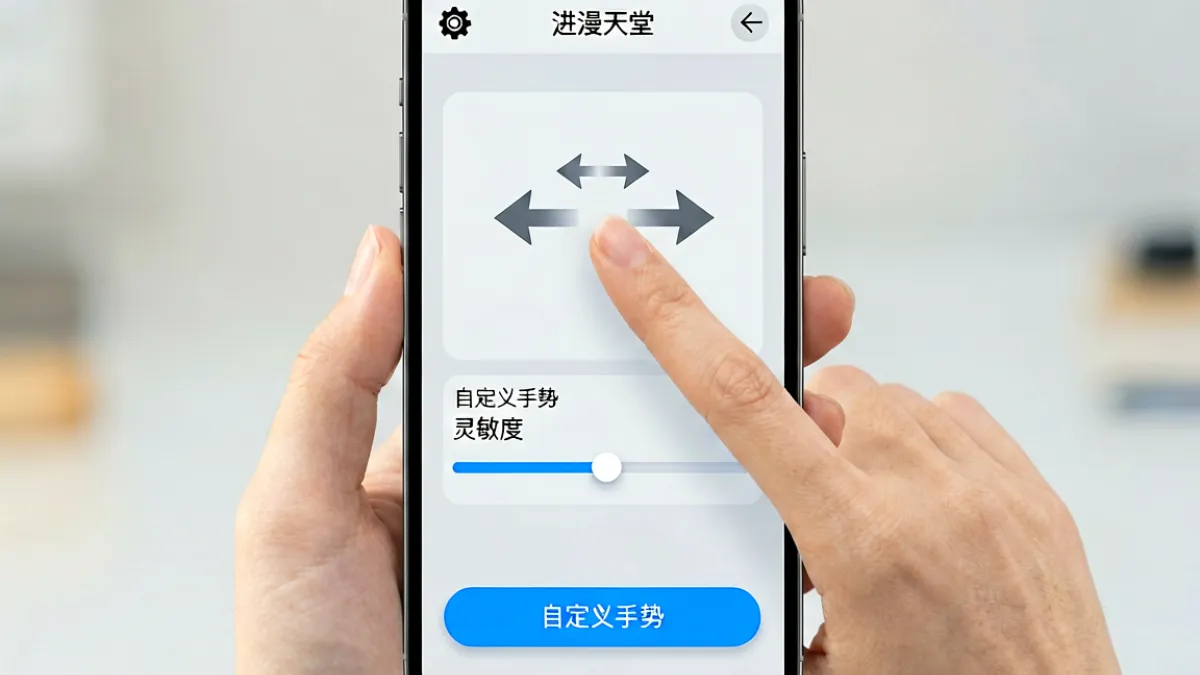 进漫天堂手机截图展示阅读页面的手势设置界面，屏幕上有手指滑动方向箭头标注和双指手势自定义选项按钮